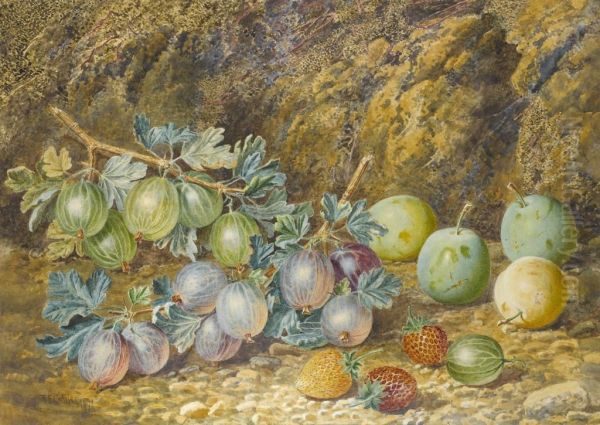 Still Life With Plums Gooseberries And Strawberries Oil Painting by Thomas Collier