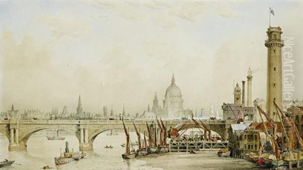 The South Shore Of The Thames In London, Looking Across Waterloo Bridge Towards St Pauls Oil Painting by James Kelaway Colling