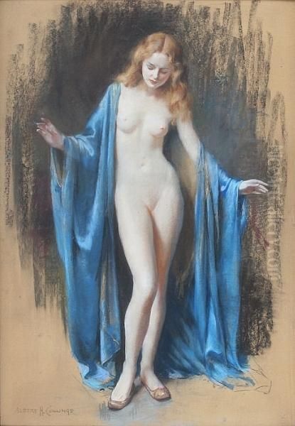 Standing Female Nude With Blue Robe 'albert H. Collings' Oil Painting by Albert Henry Collings