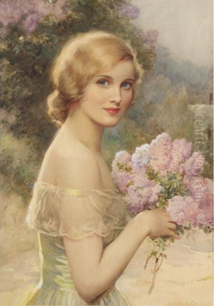 Girl With Lilac Oil Painting by Albert Henry Collings