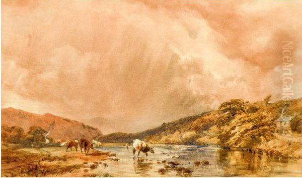 Cattle Watering By A River With A Stormy Sky Overhead Oil Painting by William Collingwood Smith