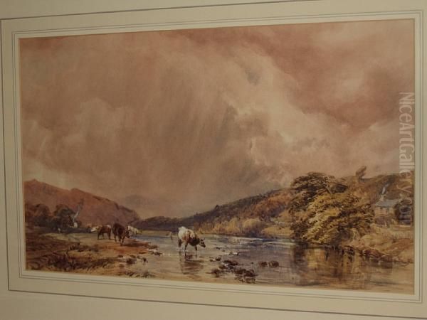 River Landscape With Cattle Watering Oil Painting by William Collingwood Smith