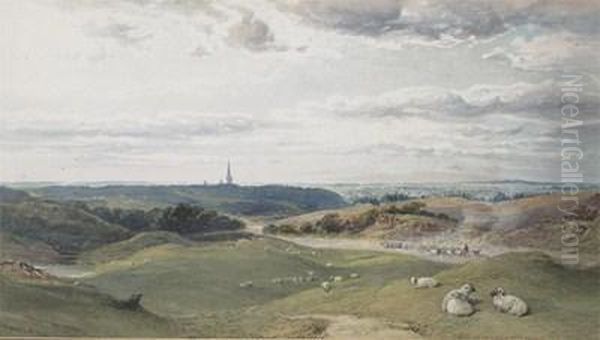 Distant View Of Salisbury From The East, Possibly Box Hill Oil Painting by William Collingwood Smith