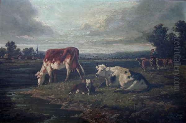 Cattle In A Field; A Shepherdess With Cattle And Sheep Oil Painting by Alfred Quinton Collins