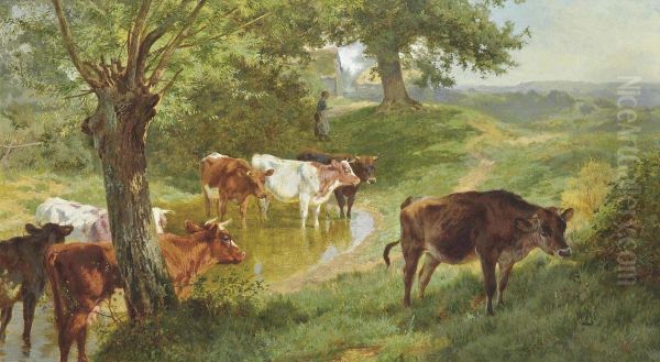 Cattle Watering At A Dew Pond Oil Painting by Charles Collins