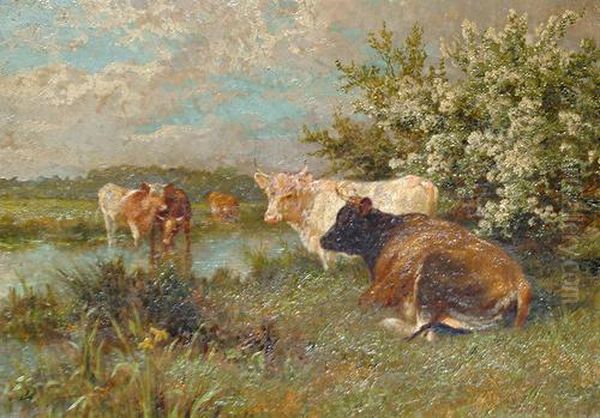 Cattle Watering Oil Painting by Charles Collins