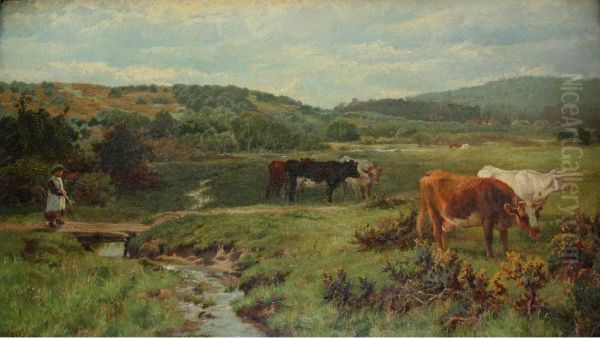 Young Girl Tending Cattle On A Heath Oil Painting by Charles Collins