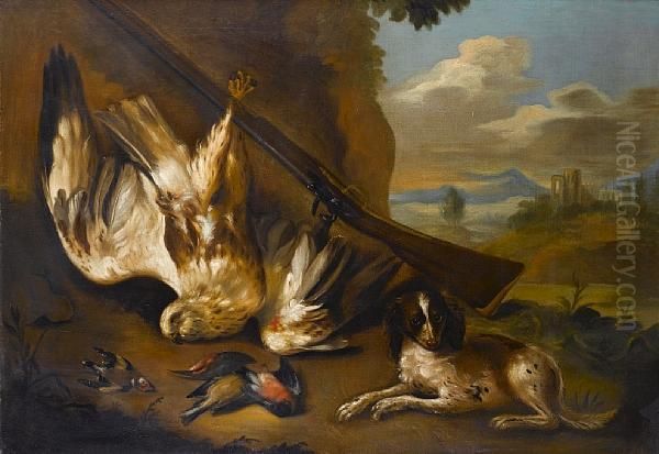 A Spaniel With A Dead Sparrowhawk, Goldfinch And Finch, With A Flintlock Beside A Tree, A View To A Landscape Beyond Oil Painting by Charles Collins