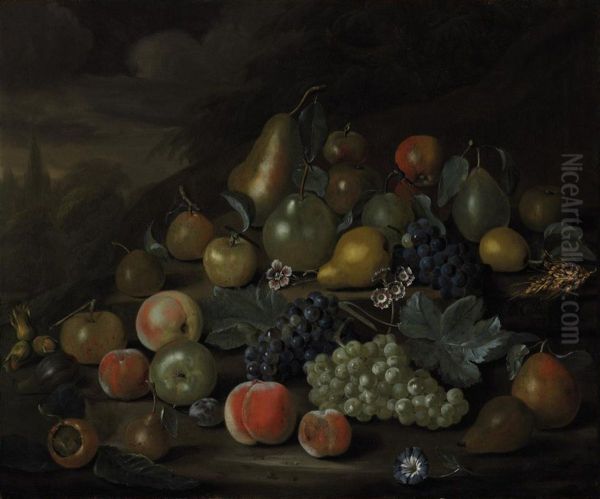 Still Life Of Pears, Peaches, Apples, Plums, Grapes, Hazelnuts, Andflowers On A Bank Oil Painting by Charles Collins