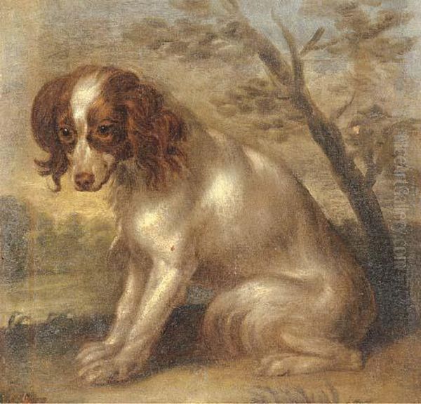 A King Charles Spaniel In A Landscape Oil Painting by Charles Collins