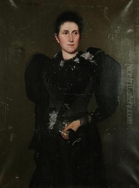 Portrait, Three Quarter Length Of A Lady Wearing A Black Dress, Holding Opera Glasses Oil Painting by Jennett Collins