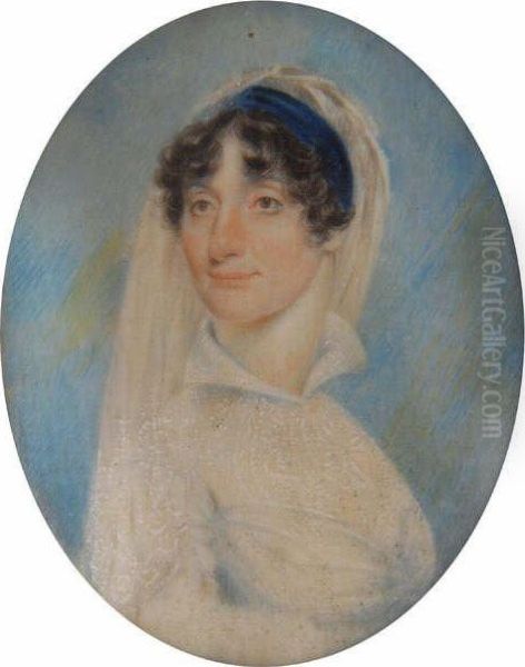 Miniature Portrait Of A Ladyhead And Shoulders, Wearing A Long White Veil And Blue Velvet Headband, Sky Background Oil Painting by Richard Collins