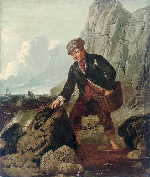 The Shell Seeker; And Eyeing The Catch Oil Painting by William Wiehe Collins