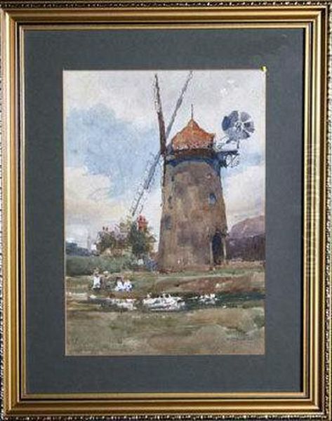 An Old Windmill With Children By A Duck Pond In The Foreground Oil Painting by Alfred James Collister