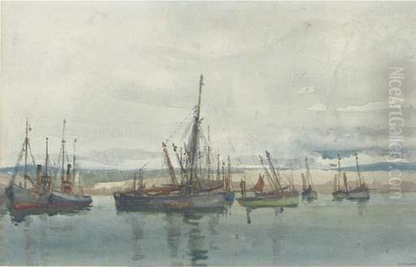 Tugs And Fishing Boats Lying At Anchor Oil Painting by Alfred James Collister