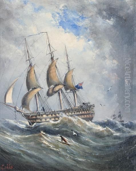 Man Of War At Sea Oil Painting by Ebenezer Colls