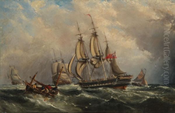 A Busy Shipping Scene Oil Painting by Ebenezer Colls