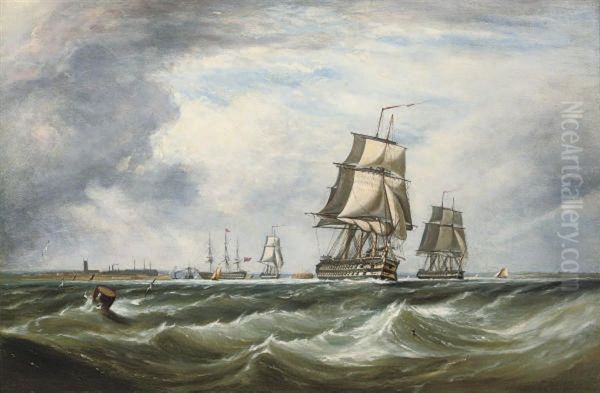 A Royal Naval Squadron Running Out Of Portsmouth Oil Painting by Ebenezer Colls