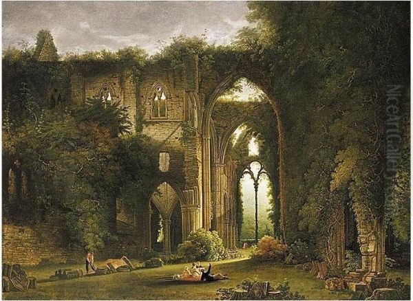 Tintern Abbey With Elegant Figures Oil Painting by Samuel Colman