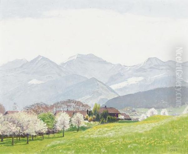 Fruhlingslandschaft Im Berner Oberland Oil Painting by Plinio Colombi