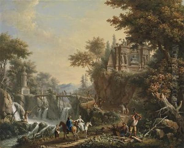 A Landscape With Antique Ruins And A Waterfall Oil Painting by Giovanni Battista Colombo