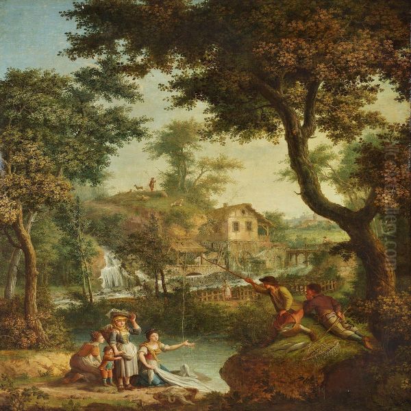 Pastoral Landscape With Waterfall And A Village In The Background Oil Painting by Giovanni Battista Colombo