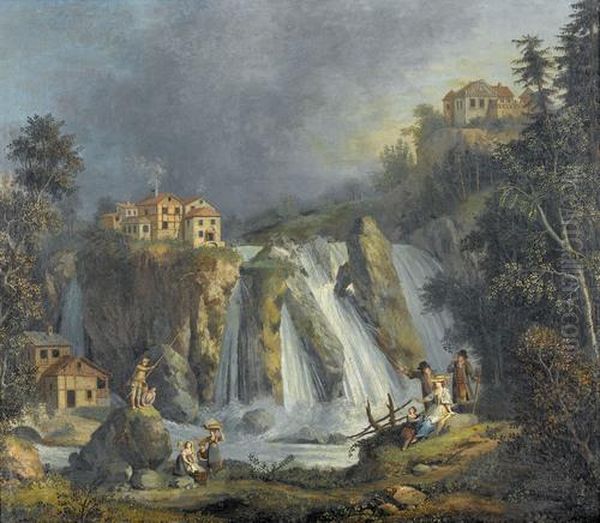 Zwei Landschaften Mit Wasserfallen. Gegenstucke Oil Painting by Giovanni Battista Colombo