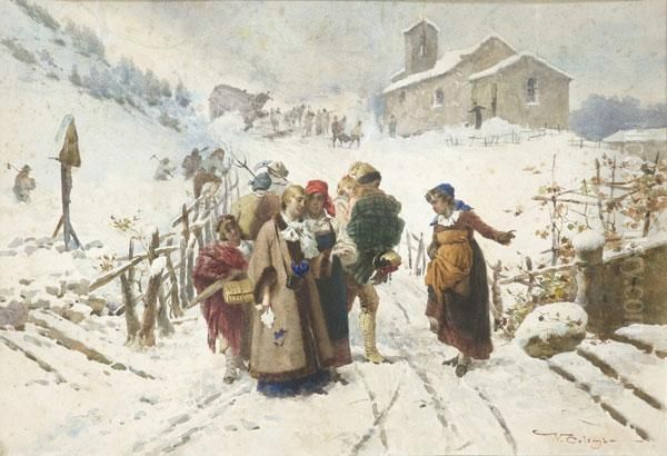 Scena Di Genere Con Viaggiatori In Paesaggio Innevato Oil Painting by Virgilio Colombo