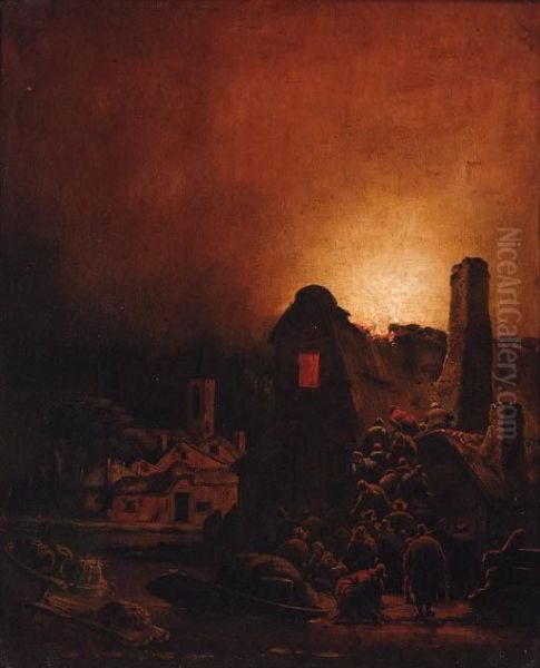 A Fire In A Village At Night Oil Painting by Adam Colonia