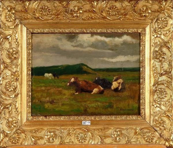 Vaches Couchees Au Pre Oil Painting by Gustaaf Colsoulle