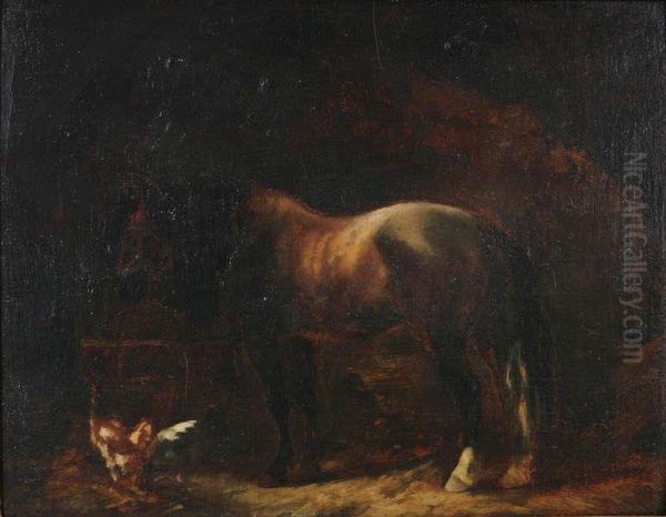 Paard En Kip In De Stal Oil Painting by Gustaaf Colsoulle