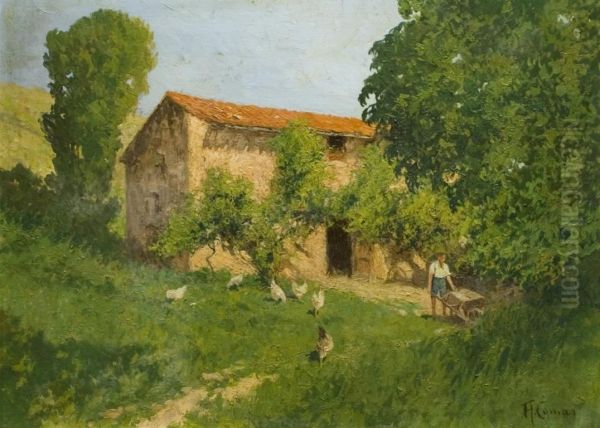 Paisaje Con Campesino Y Gallinas. Oil Painting by Augusto Comas Y Blanco