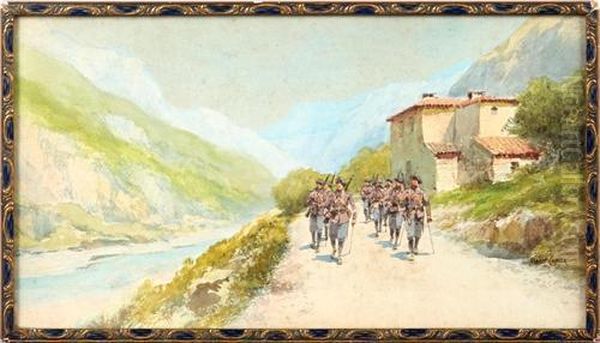 Soldiers In An Alpine Landscape Oil Painting by Pierre Comba