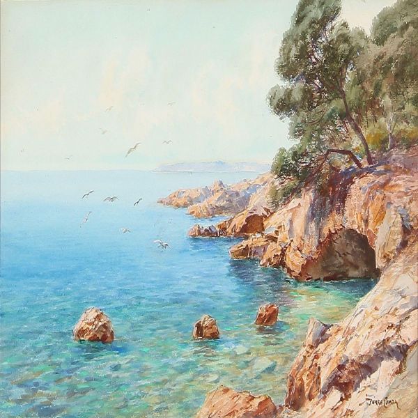 Coastal Scene On A Calm Summer Day Oil Painting by Pierre-Paul Comba