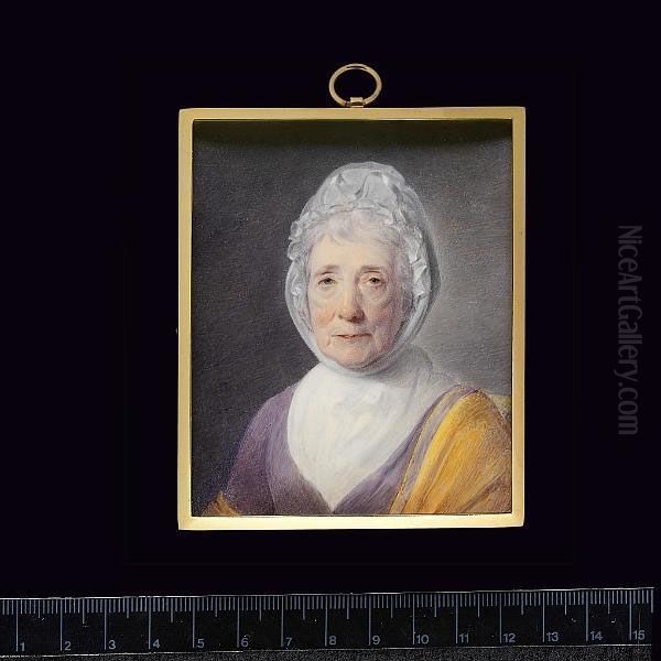 An Elderly Lady, Full-face, Wearing Mauve Dress, White Fichu, White Bonnet Dressed With Ribbon And Tied Beneath Her Chin And Yellow Shawl Edged With Mauve Ribbon Over Her Left Shoulder. Oil Painting by John Comerford