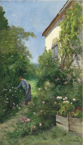 French In The Garden Oil Painting by M.E.G. Comoy