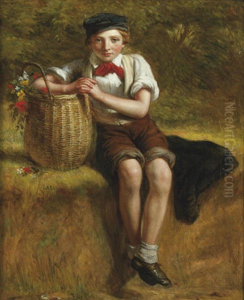 A Young Boy Resting On A Sandy Bank With A Basket Of Wildflowers Oil Painting by Charles Compton