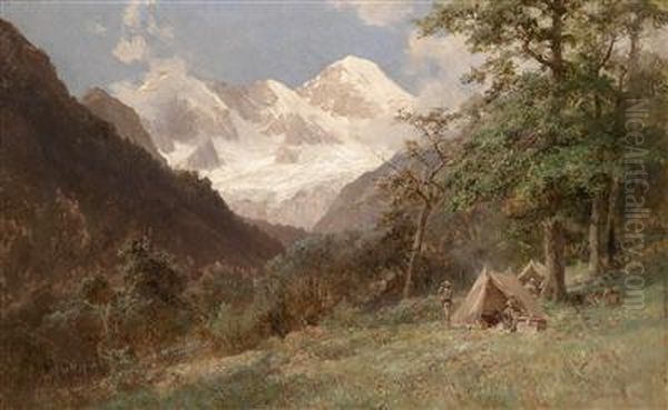 View Of A Mountain Chain In The Caucasus With Explorers In Their Tented Camp Oil Painting by Edward Theodore Compton