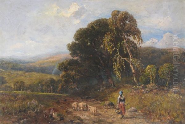 Landscape With A Girl Herding Her Pigs Oil Painting by Henry Eugene Compton