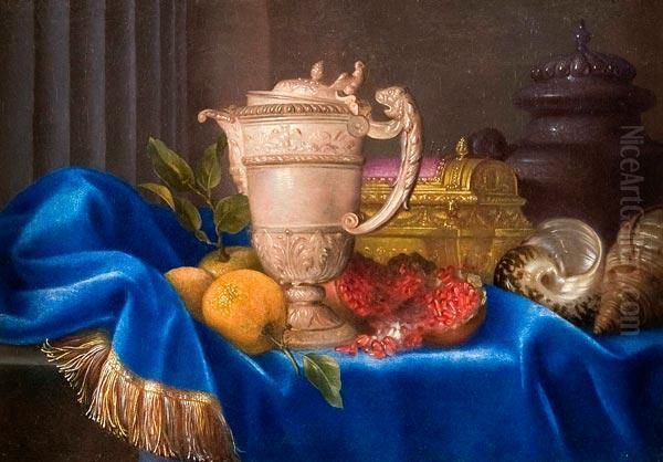 Natura Morta Con Velluto Blu, Frutta, Anfora E Conchiglie Oil Painting by Meiffren (Ephren) Conte (Leconte)