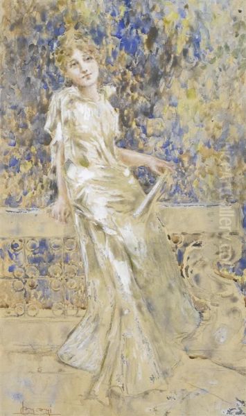 Young Woman In A White Dress On A Terrace Oil Painting by Luigi Conconi