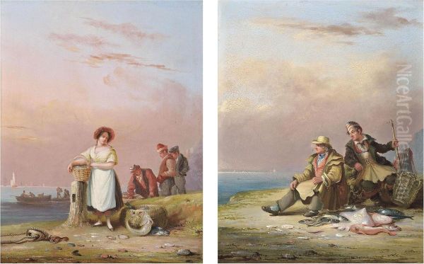 Sorting The Catch; And Fishermen Seated On The Shore Oil Painting by Condy, Nicholas Matthews