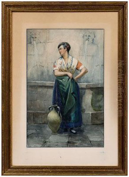 Italian Woman Withwater Jug By A Fountain Oil Painting by Thomas Raphael Congdon