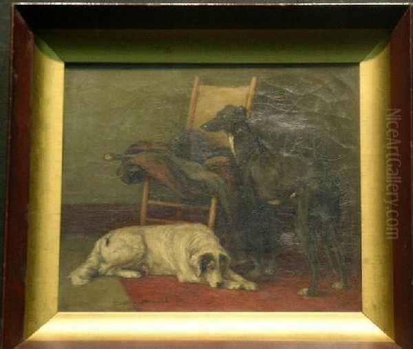 Hunting Dogs Awaiting Their Master Oil Painting by Charlotte E. Connard