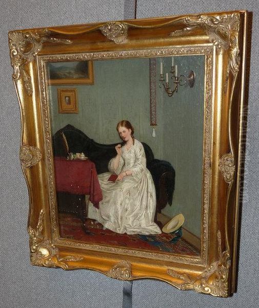 A Lady Seated, Writing In A Drawing Room Oil Painting by Albert Conrad