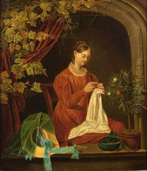 A Young Lady Doing Needlework In A Window Oil Painting by Francis Antoine Conscience