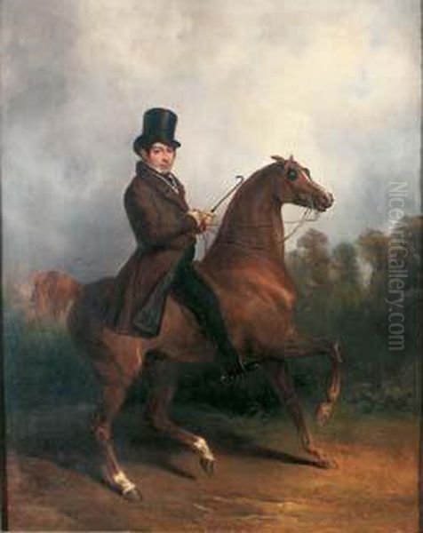 Portrait D'un Homme Au Frac Brun Sur Son Cheval Alezan Oil Painting by Francis Antoine Conscience