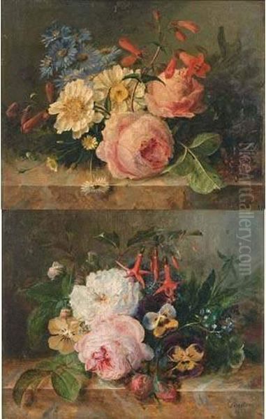 1-bouquet De Fleurs Aux Roses Et Pensees Sur Un Entablement Oil Painting by Louis Aristide Leon Constans