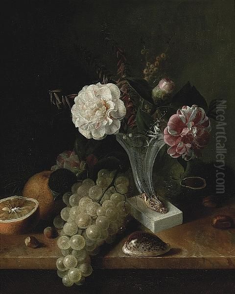 A Still Life With Flowers, Grapes, Oranges, Chestnuts And A Conch Shell On A Ledge Oil Painting by Louis Aristide Leon Constans