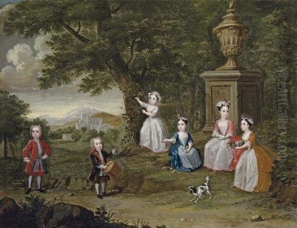 Group Portrait Of Children, Possibly The Children Of Don Francisco Lopes Suasso, In A Garden Landscape With A Pet Dog Oil Painting by Rene Auguste Constantyn